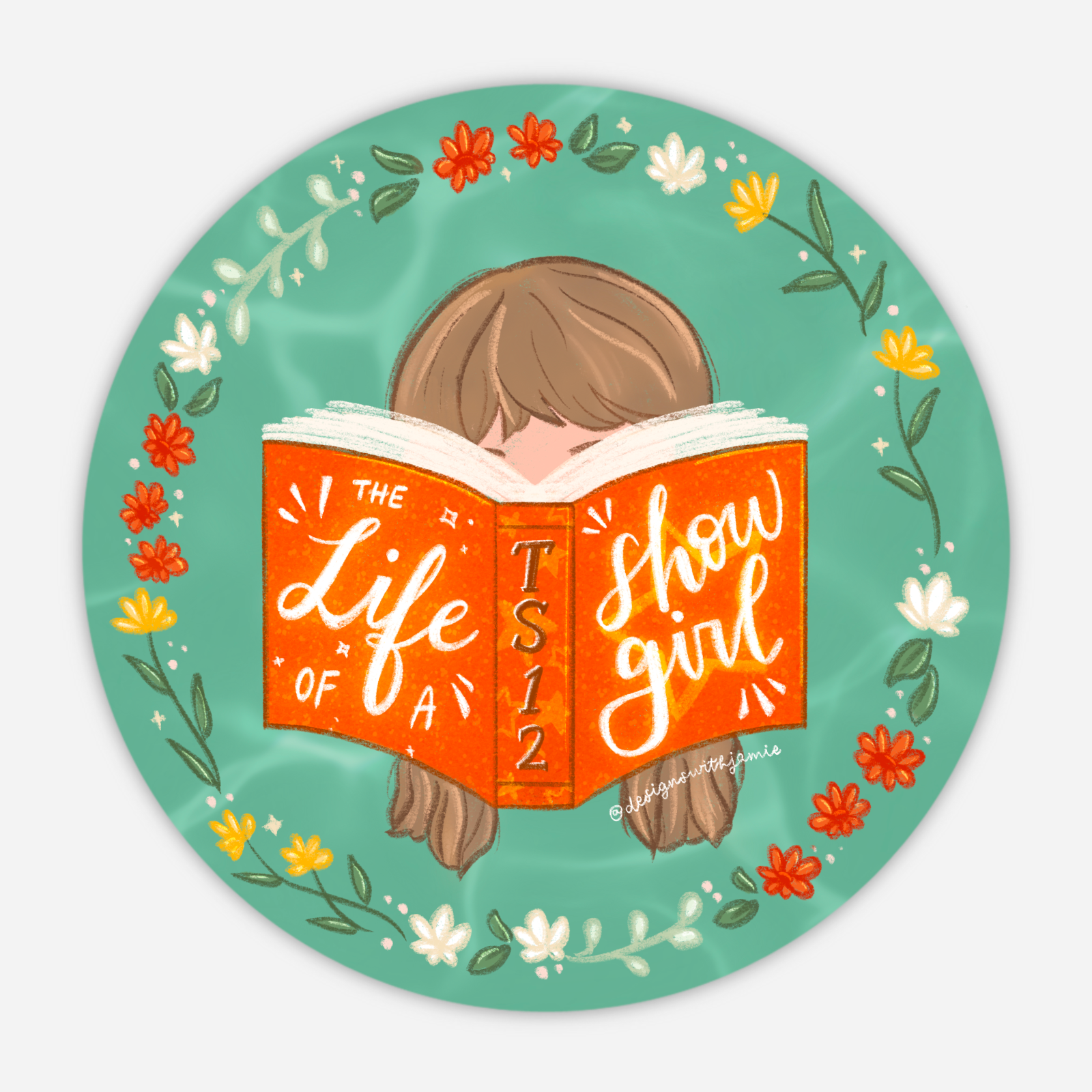 Circular design with a person reading a book titled 'The Life of a TS12 Show Girl' against a green background with flowers.
