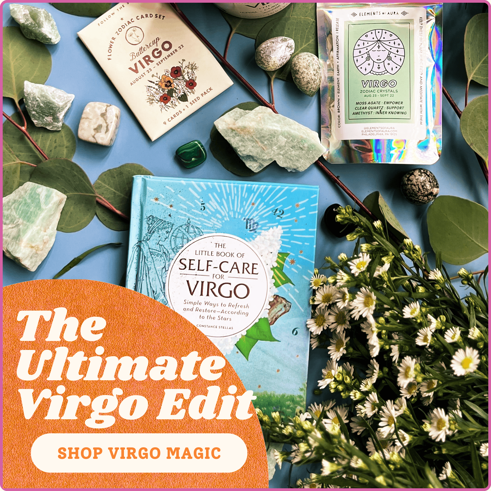 Virgo zodiac gift set with crystals, self-care book, and astrology cards