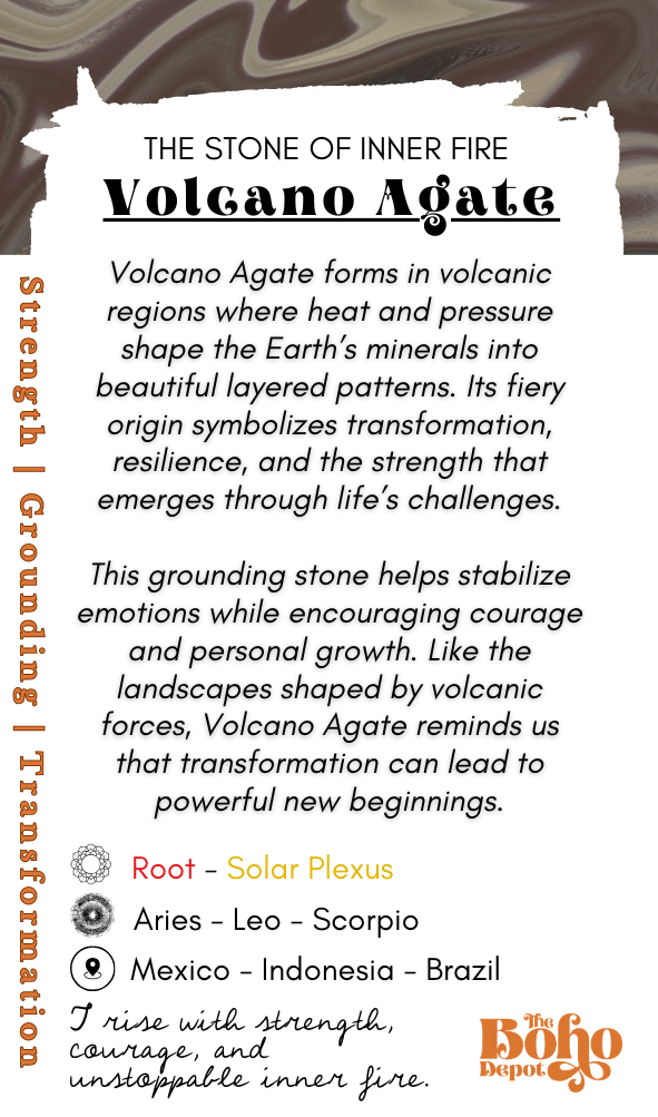 Informational card about Volcano Agate with text and branding.