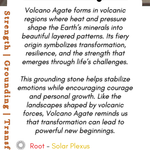 Informational card about Volcano Agate with text and branding.