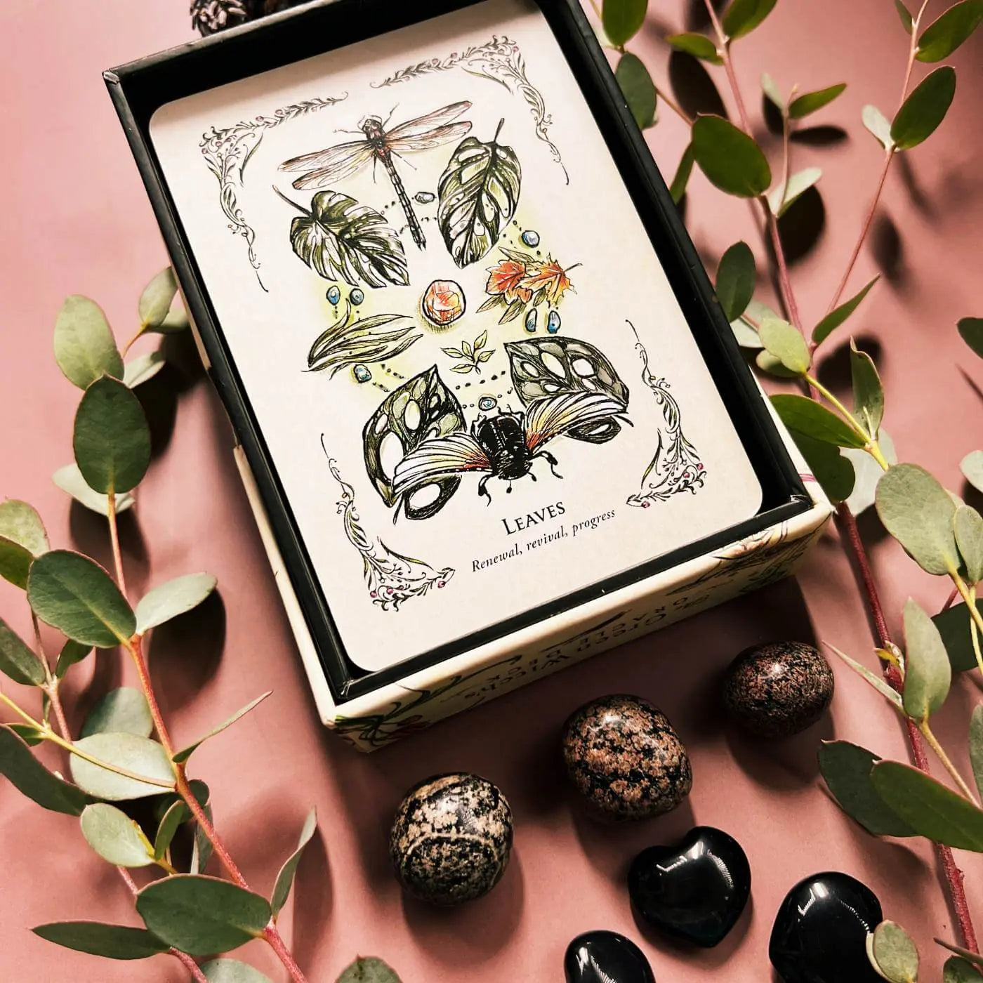 Tarot Box with botanical illustration on a pink background with leaves and crystal stones