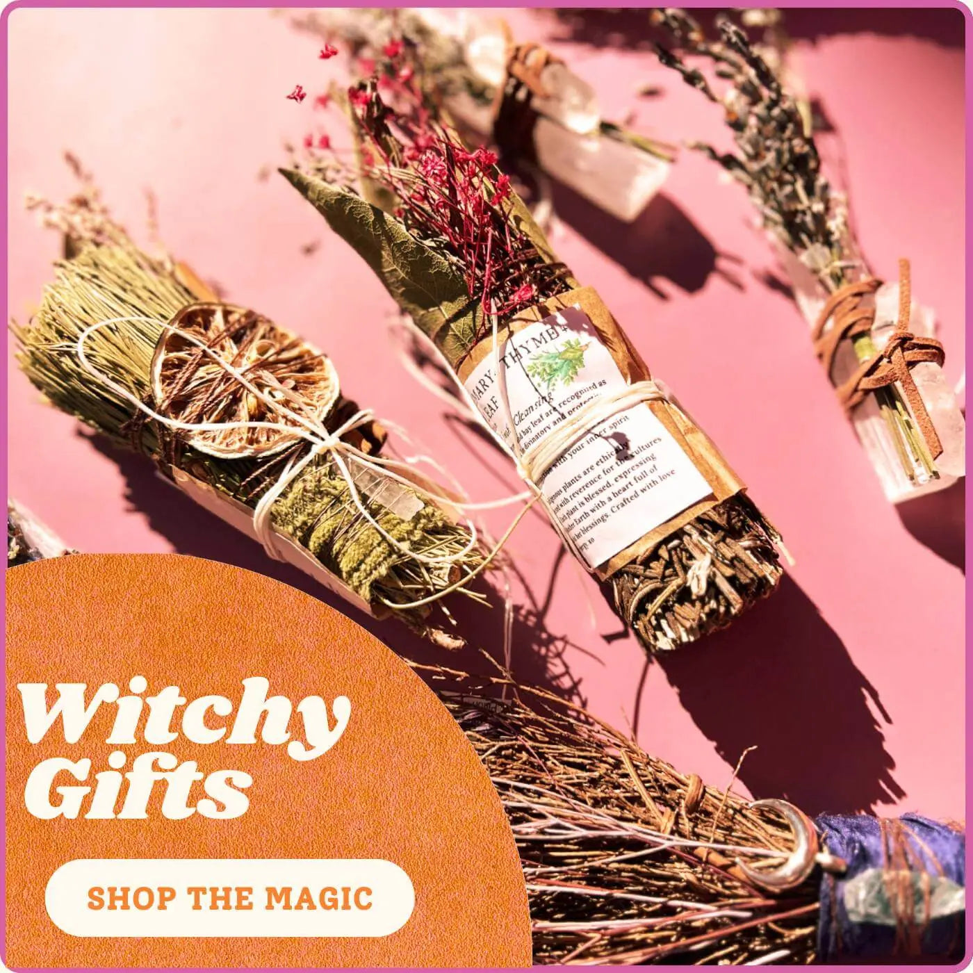 Witchy Gifts with a bottle and broomsticks on a pink background