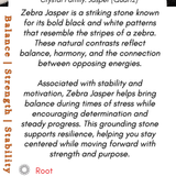 Information card about Zebra Jasper crystal with text and Boho Depot logo.