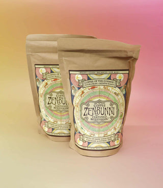 Side-by-side ZenBunni coffee bags showing front labels and artisan packaging