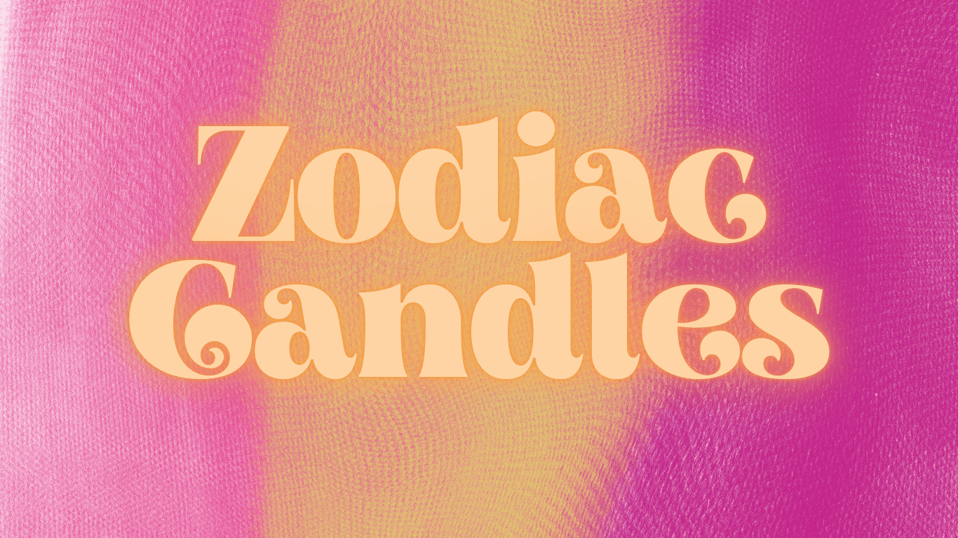 Retro graphic design with bold white text reading “Zodiac Candles” on a pink and orange gradient background, representing astrology-inspired soy candles collection.