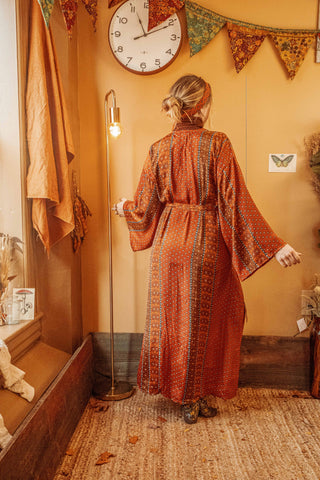 Earthy Orange Silk Bohemian Kimono