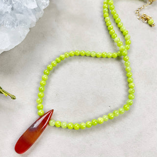 Miriam// Carnelian Teardrop Green Jade Beaded Necklace