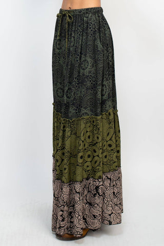 Tiered Lace Print Maxi Skirt