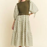 Floral Print Midi Dress - Olive/Navy