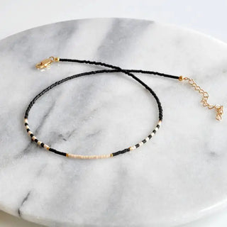 Beaded Choker Necklace - Black/Ivory/Gold