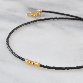 Beaded Choker Necklace - Black with Gold Beads