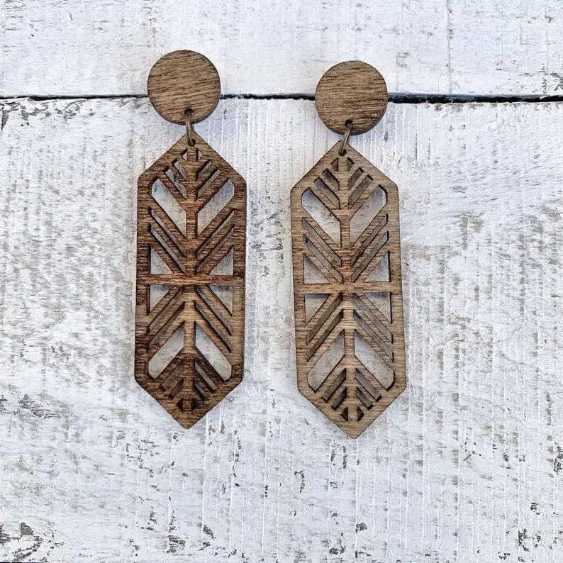 Birch Wood Geometric Dangle Stud Earrings - Lightweight