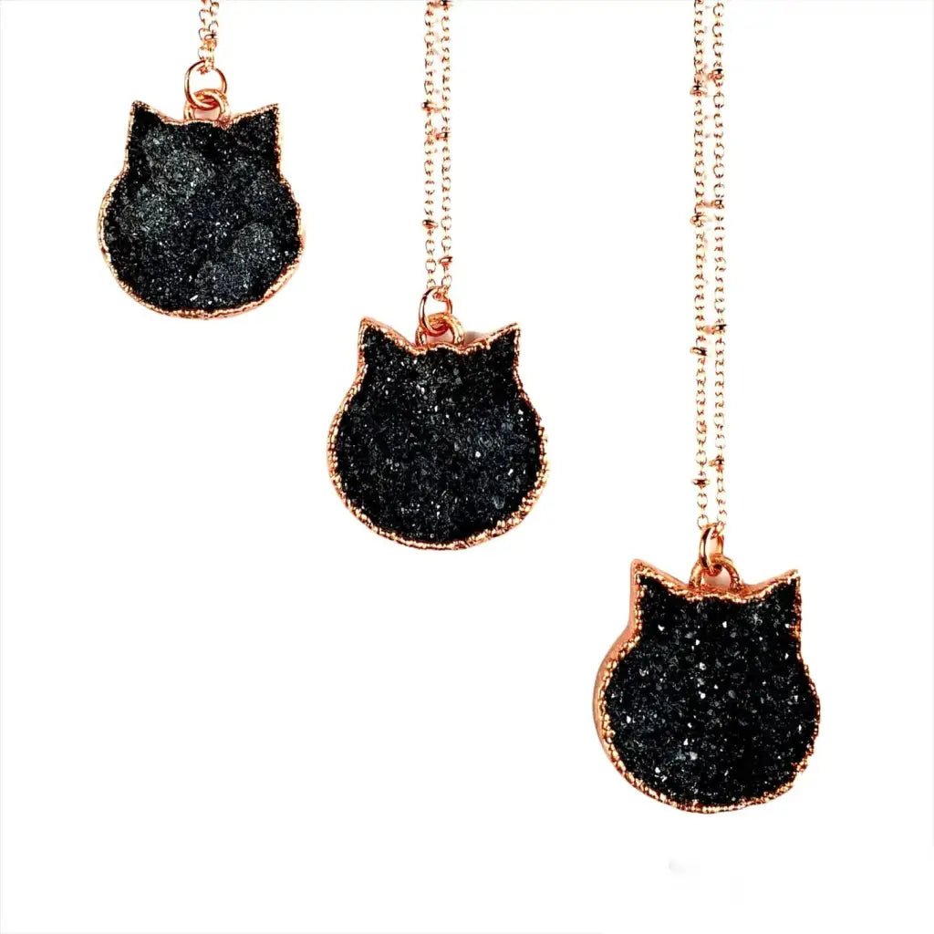 Black Druzy Crystal Cat Necklace