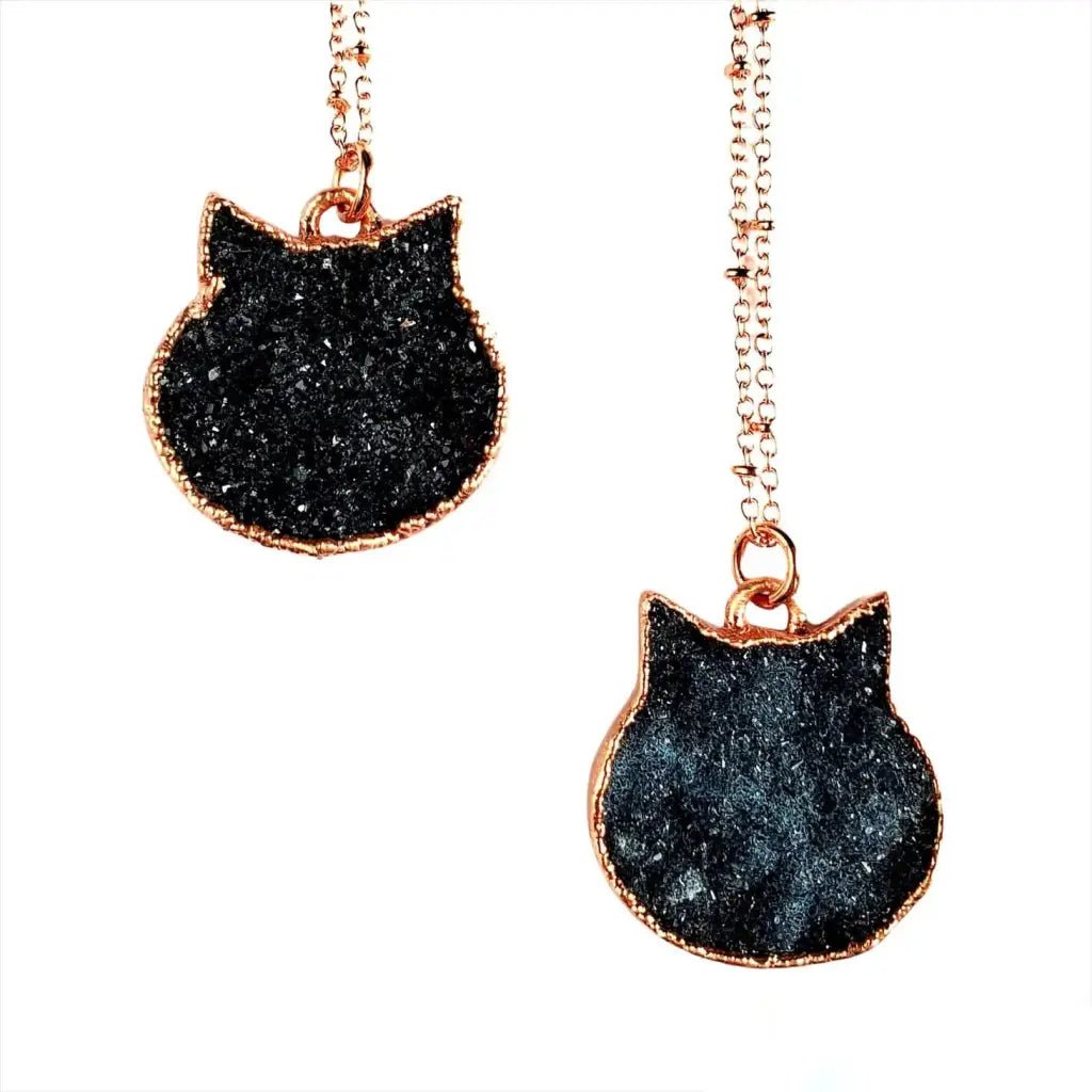 Black Druzy Crystal Cat Necklace