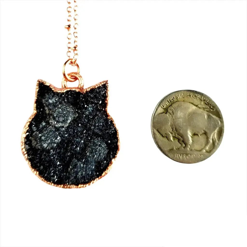 Black Druzy Crystal Cat Necklace