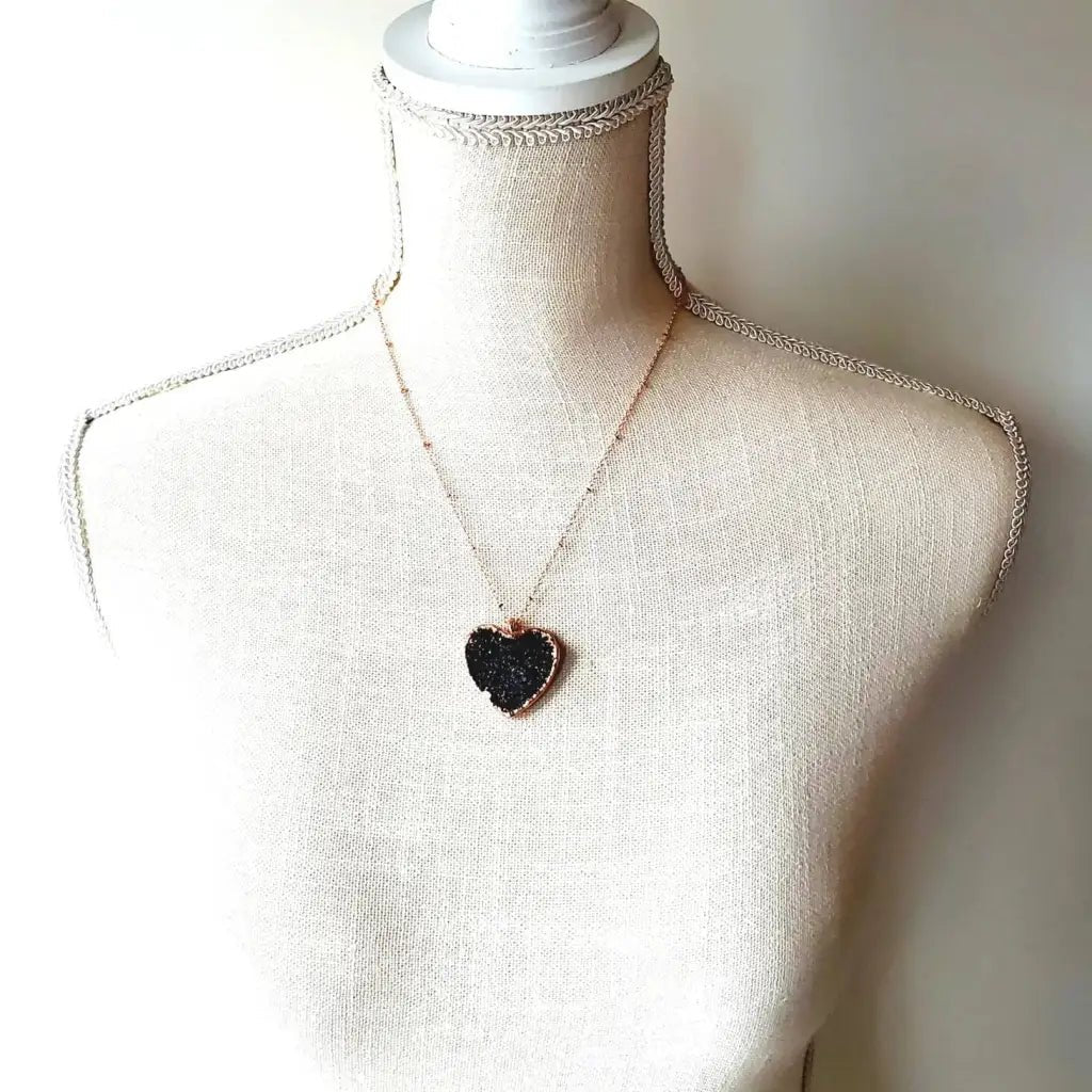 Black Druzy Crystal Heart Necklace