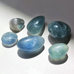 Blue green fluorite tumble stones shown with coin for size reference polished natural crystals