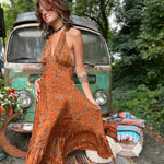 Hippie style maxi dress with dramatic bow tie in back