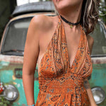 Full maxi length silk boho dress in hippie chic style