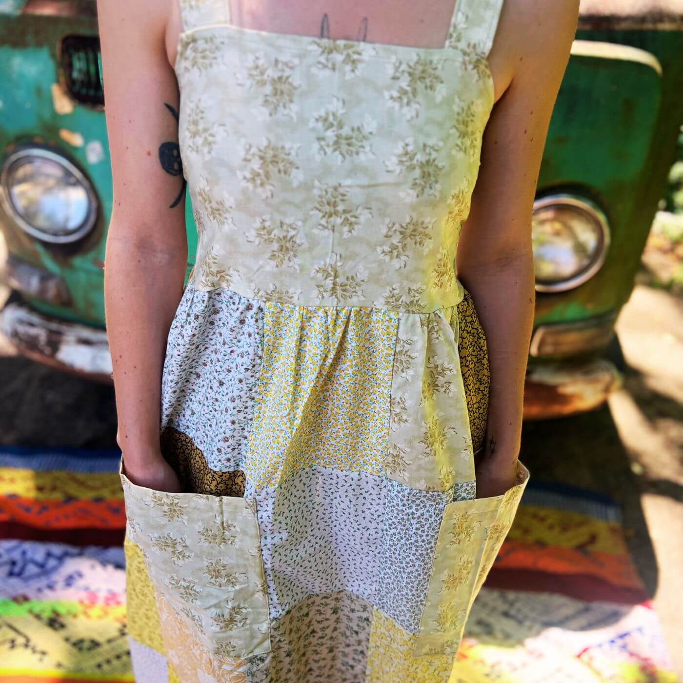 Vintage inspired bohemian patchwork maxi dress in earthy tones