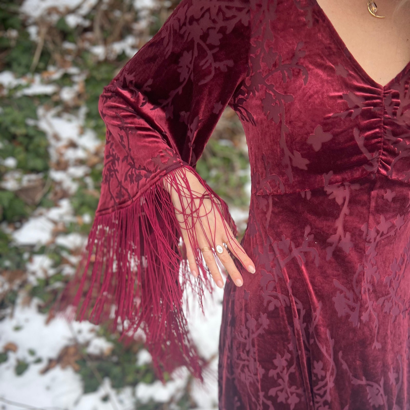 Raspberry Red Velvet 1970s Maxi Dress with Fringe – The Boho Depot