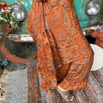 Hippie boho maxi silk dress featuring long tassel ties