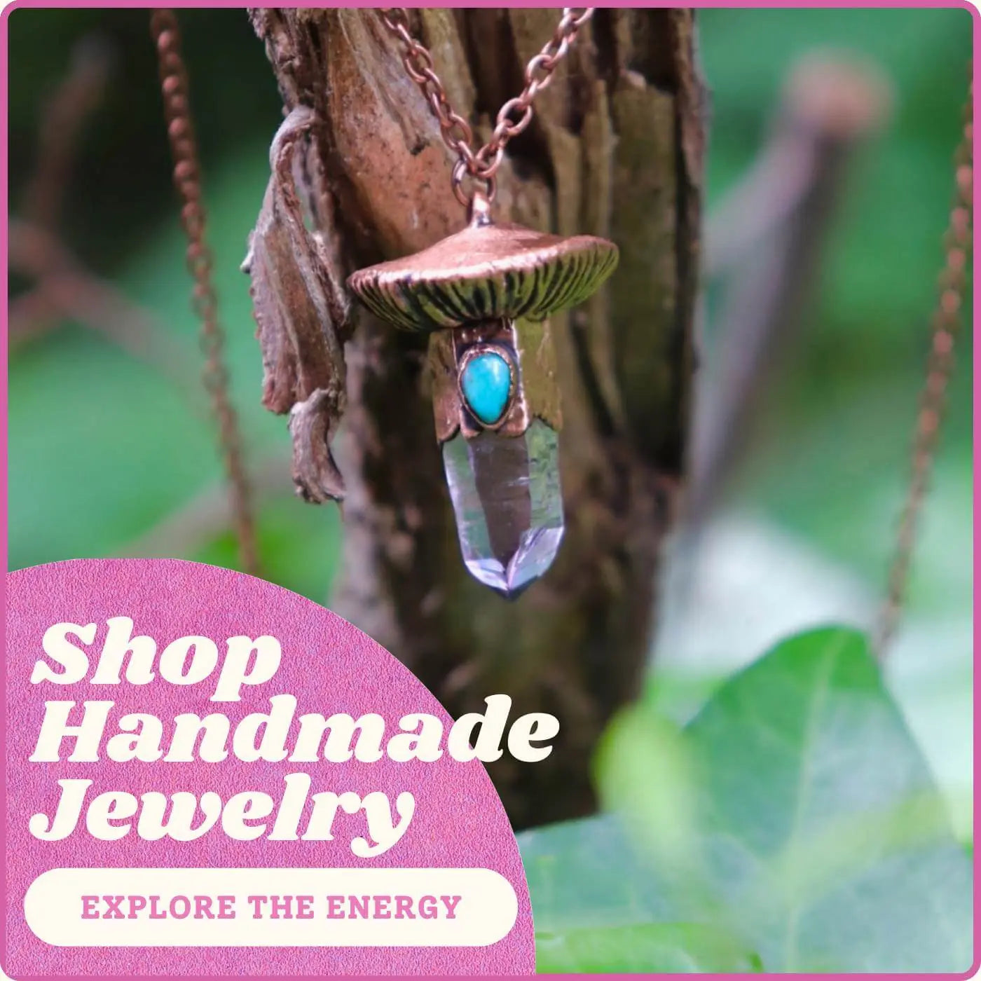 Necklace with pendant featuring a turquoise stone and crystal, against a natural background with text promoting handmade jewelry.