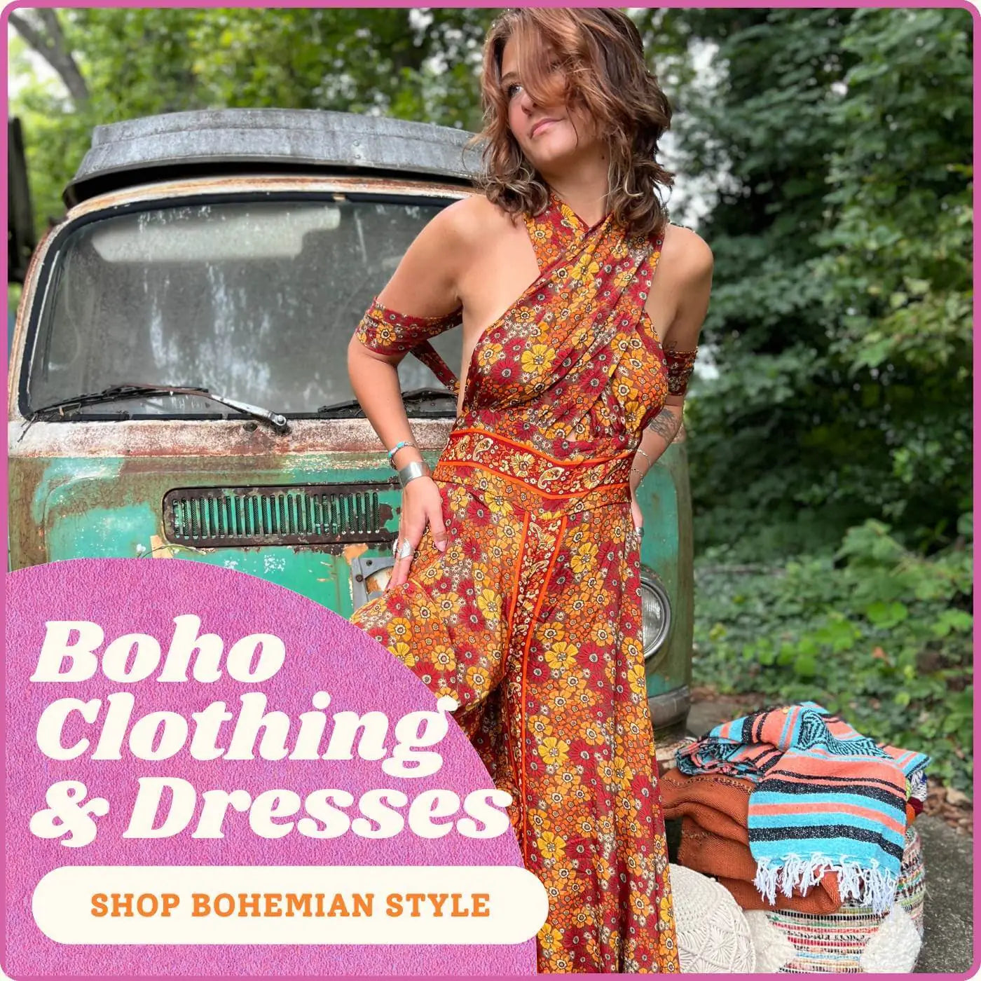Boho Depot clothing and dresses collection banner featuring bohemian fashion, vintage prints, and free-spirited style