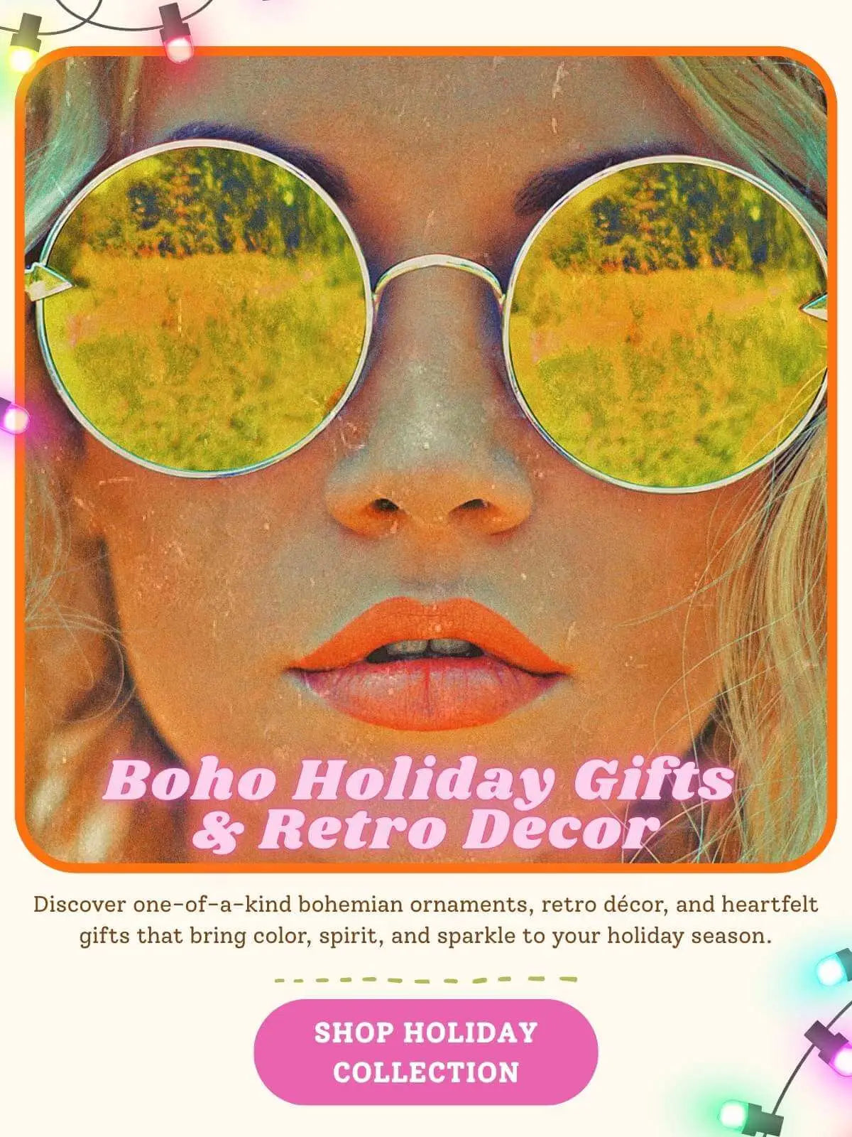 The Boho Depot holiday banner with boho fashion, retro décor, and colorful gifts for the festive season.