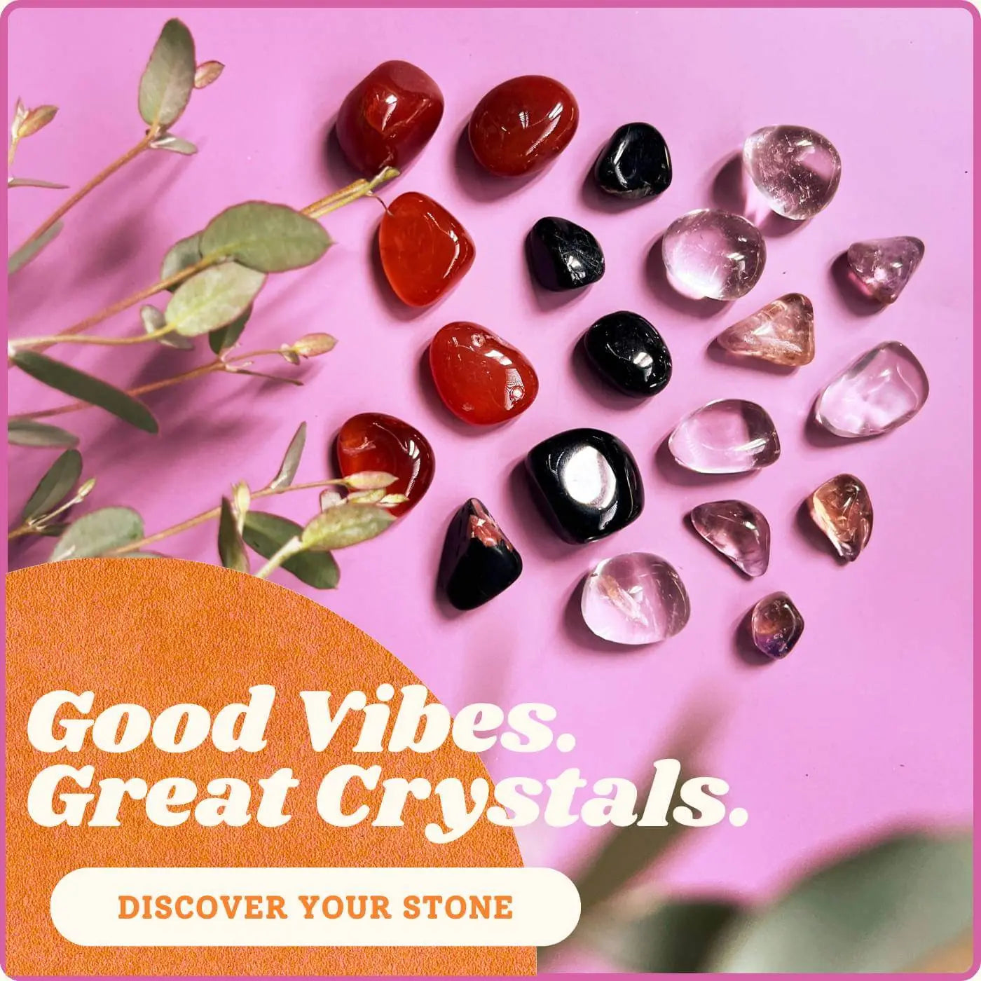 Colorful Boho Depot crystals and gemstones banner showcasing tumbled stones and energy gems for boho style and good vibes.