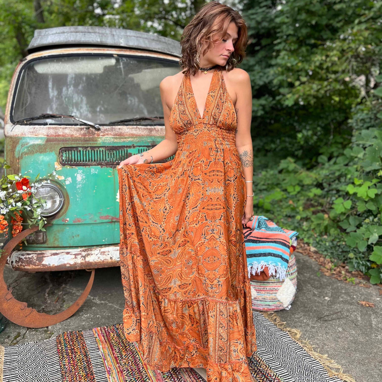 Flowy tiered silk bohemian maxi dress full length