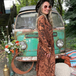 Wide sleeve detail of brown hand-dyed hippie boho kimono