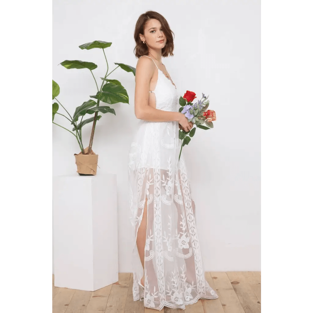 White Boho Lace Maxi Beach Wedding Dress - Medium
