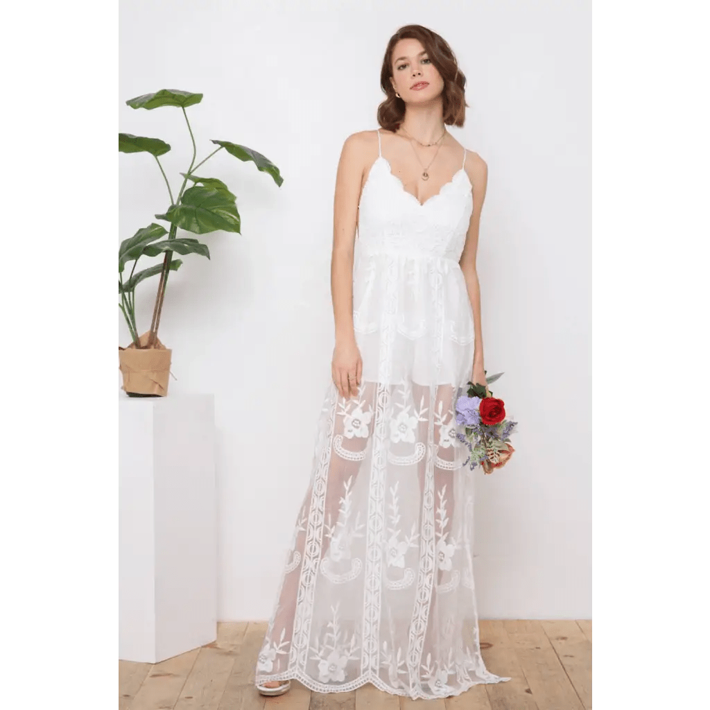 White Boho Lace Maxi Beach Wedding Dress - Small