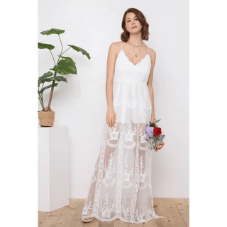 White Boho Lace Maxi Beach Wedding Dress - Small