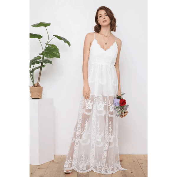 white boho lace dress White Boho A-Line Lace Wedding Dress with Appliques, White / 12