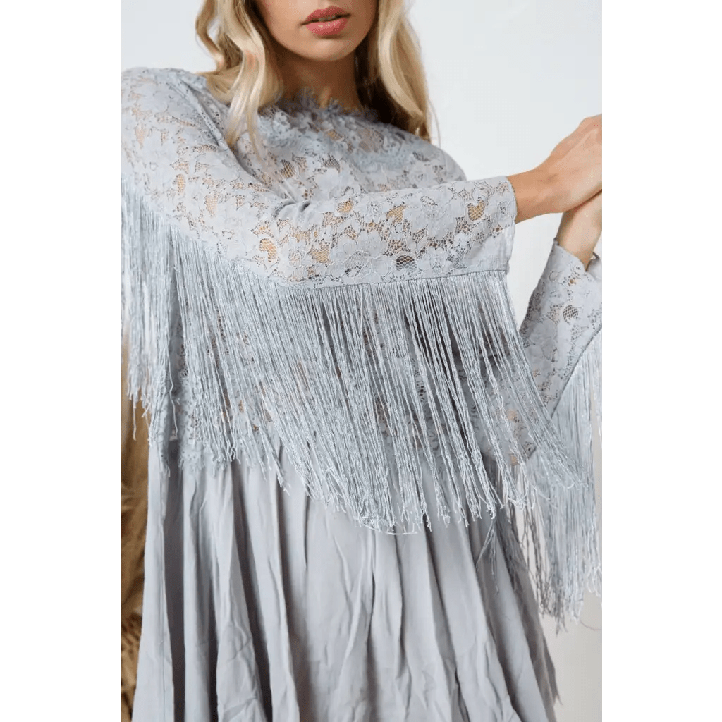 Boho Lace Contrast Mix Fringe Sleeve Tunic
