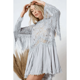 Boho Lace Contrast Mix Fringe Sleeve Tunic - Small / Grey