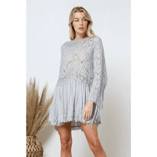 Boho Lace Contrast Mix Fringe Sleeve Tunic