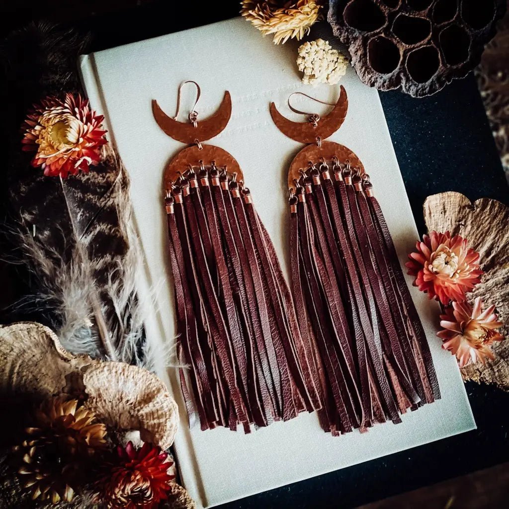 Boho Moon Earrings - Copper/Leather