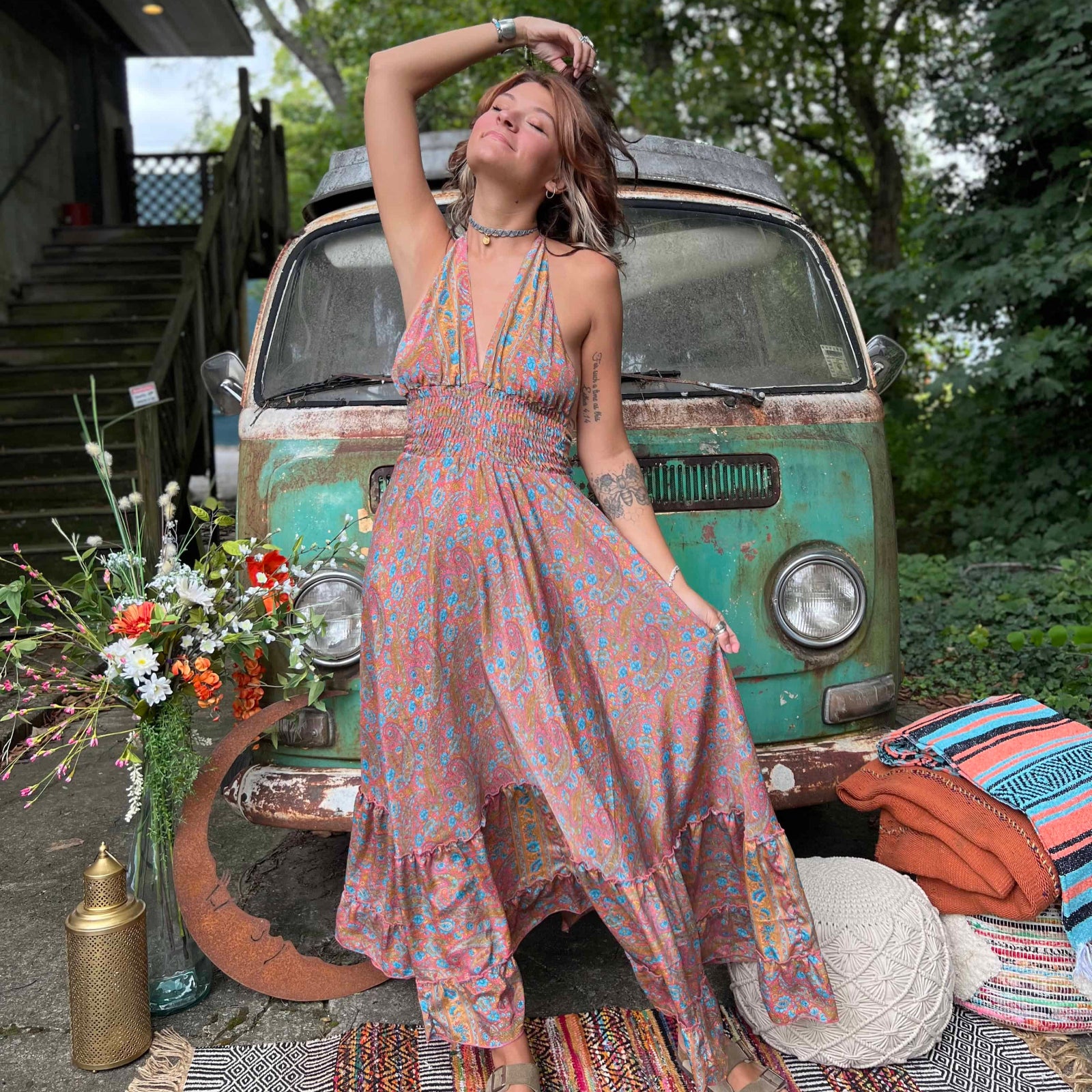 Woman modeling flowy silk hippie maxi dress front pose