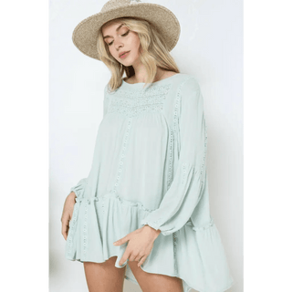 Boho Solid Lace Ruffle Tunic Top - Small / Sage