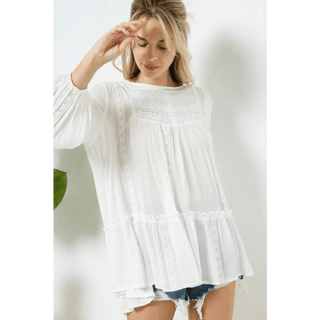 Boho Solid Lace Ruffle Tunic Top