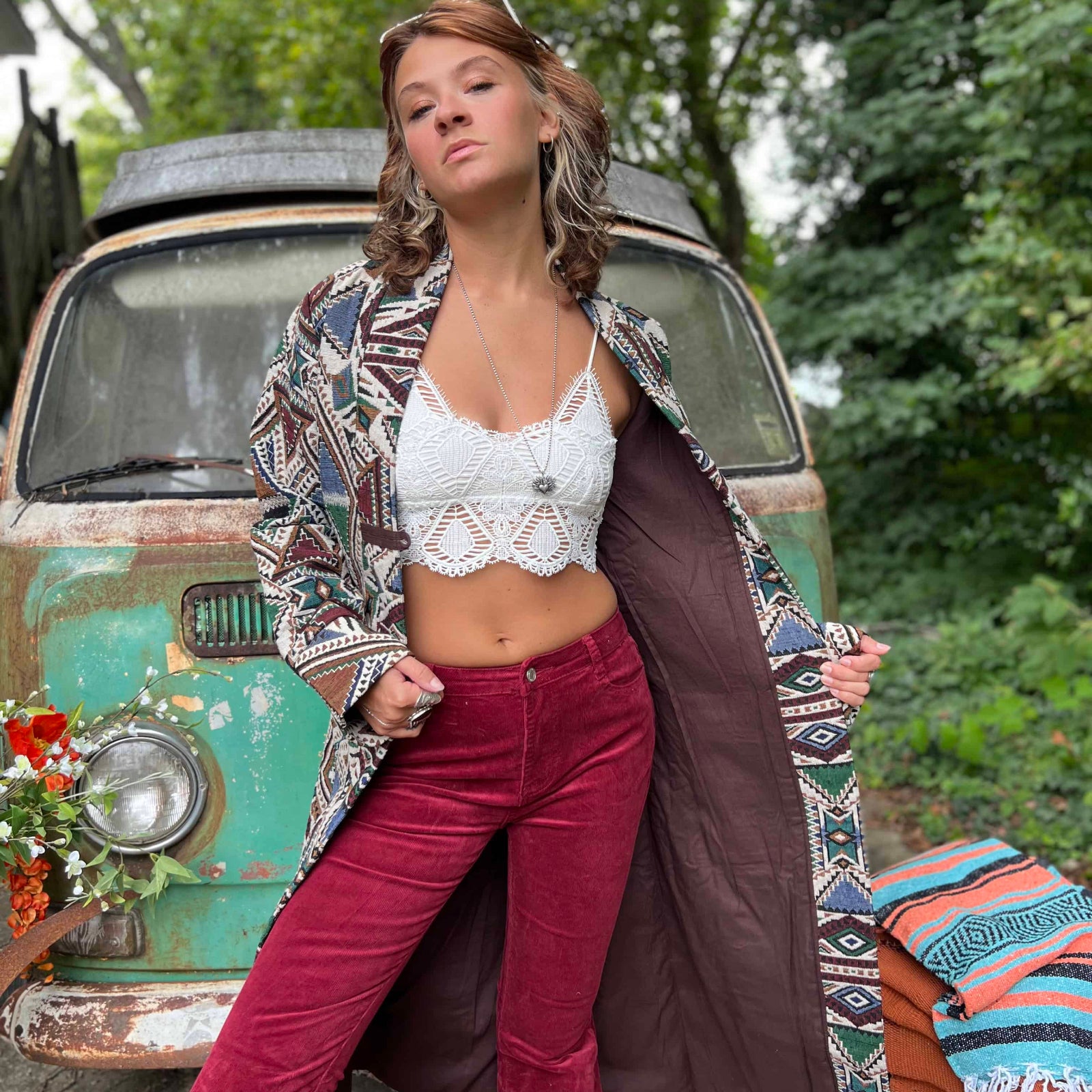 Full-length front view of boho hippie unisex trench coat