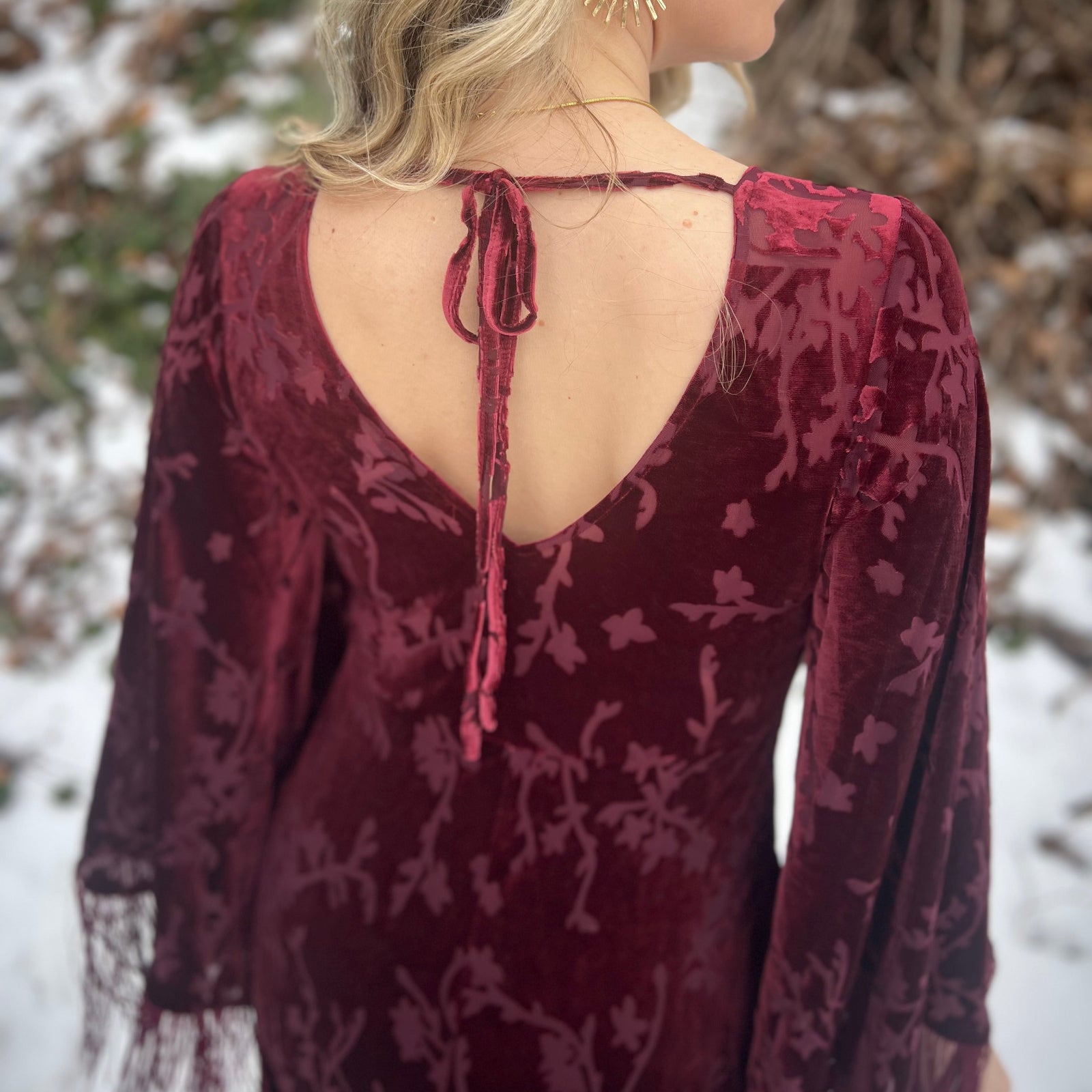Bohemian raspberry velvet maxi dress inspired by Stevie Nicks style
