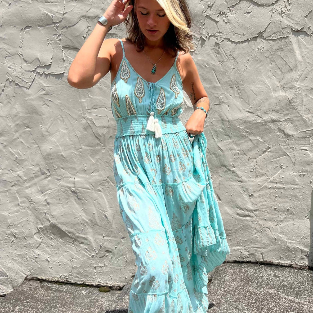 Boho Breeze Embroidered Maxi Dress – Aqua Gold Rayon – The Boho Depot
