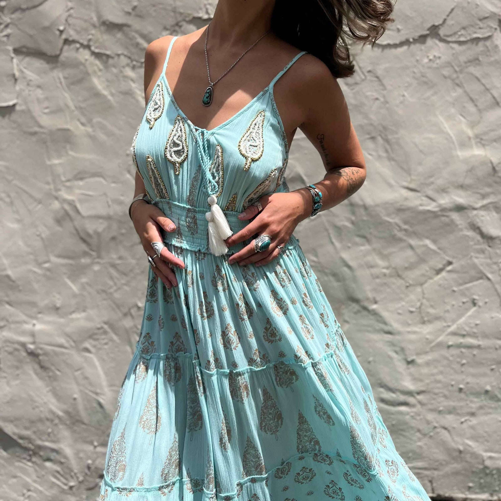 Boho Breeze Embroidered Maxi Dress – Aqua Gold Rayon – The Boho Depot