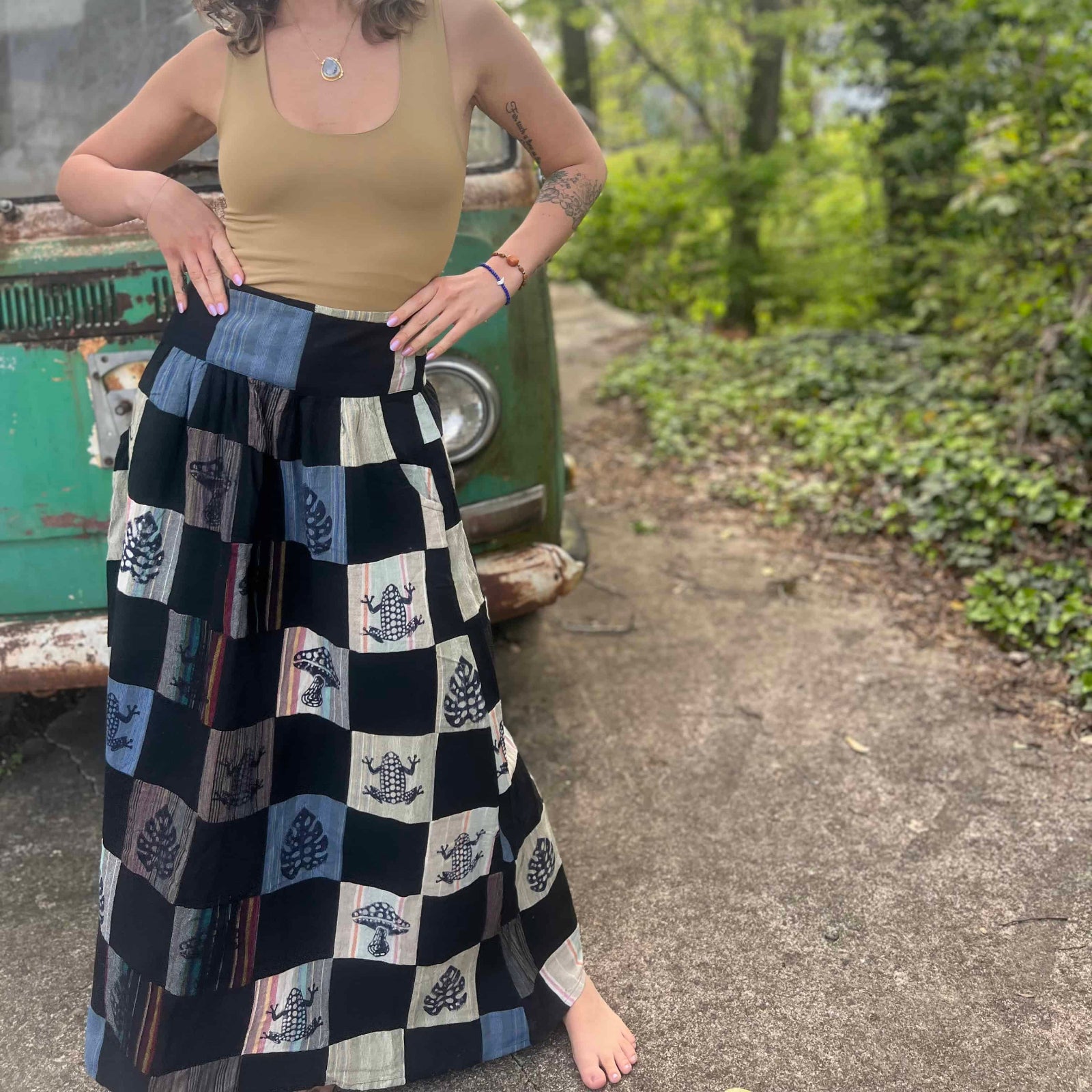 Bohemian patchwork skirt with nature motifs in black and cream tones