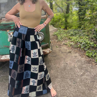 Bohemian patchwork skirt with nature motifs in black and cream tones