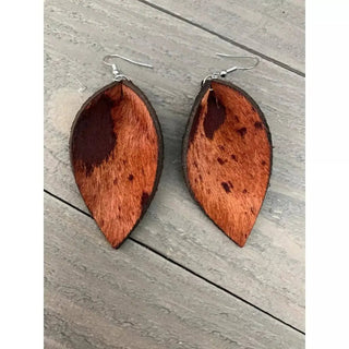 Brown Acid Wash Hair On Leather Earrings - Earrings